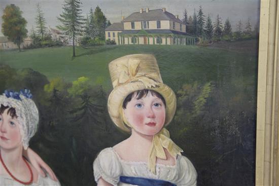 19th century American School Family portrait of four children standing in a garden, 60 x 54in.